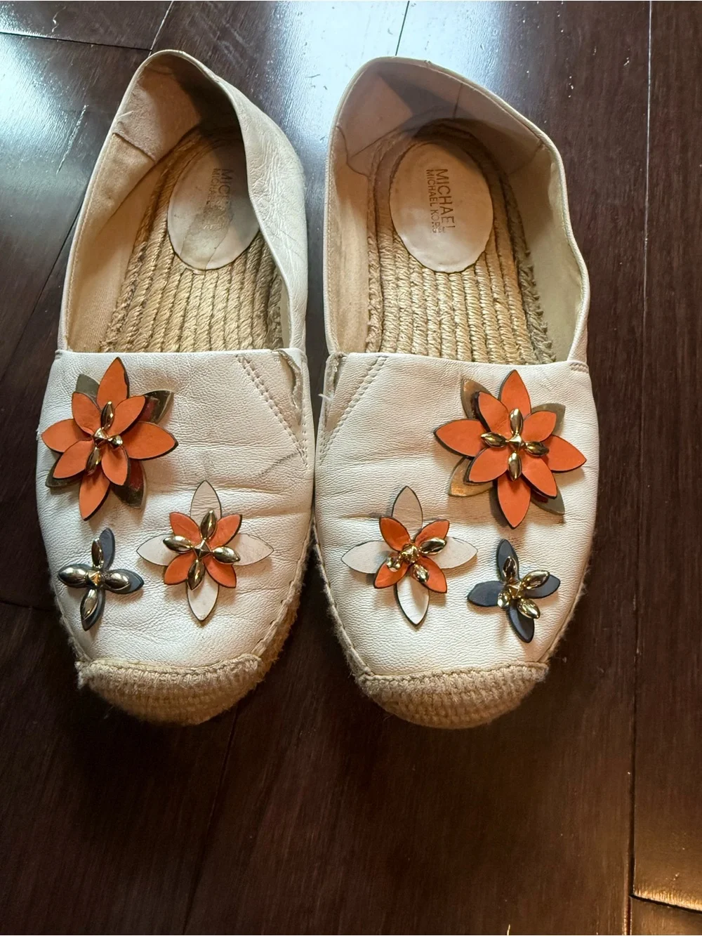 Michael Kors Cream Espadrilles with Orange and Gold Floral Embellishments